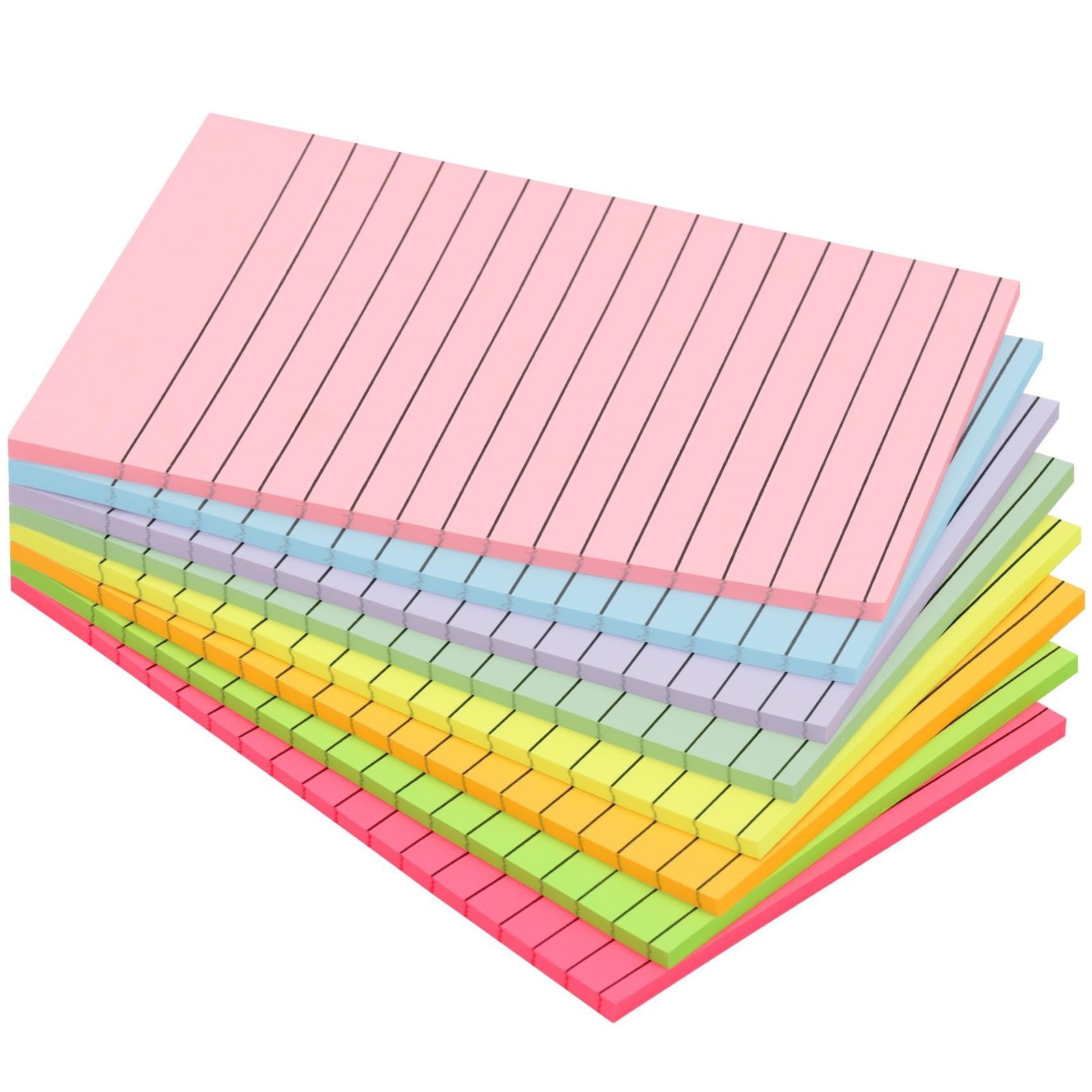 Stack of colorful, lined sticky notes, pink, blue, yellow, green, and orange