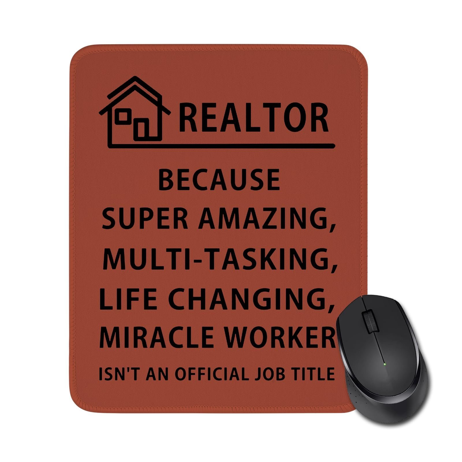 Brown mousepad with "Realtor" text and a computer mouse