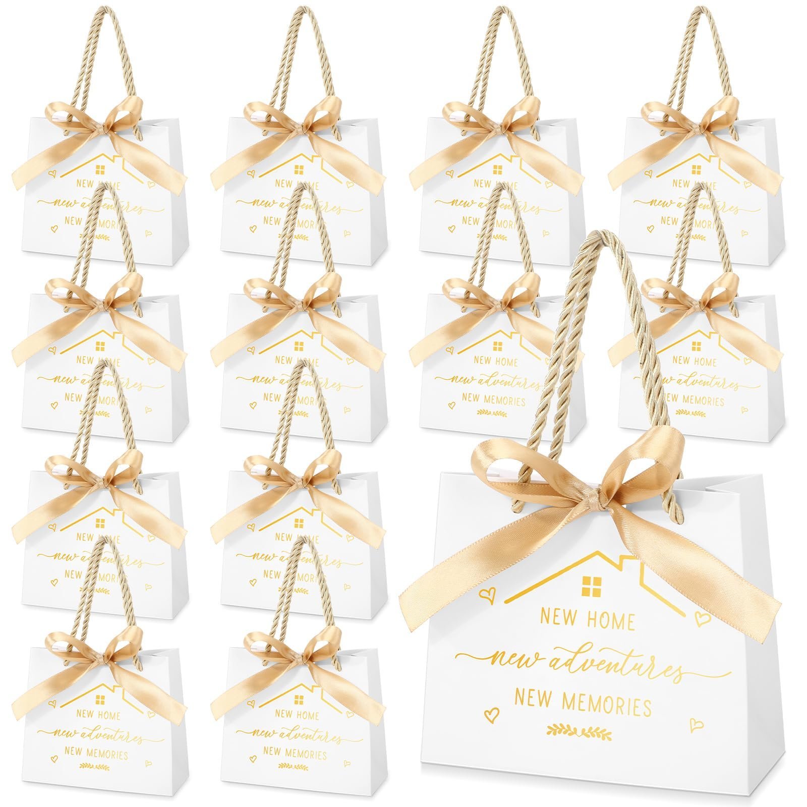 White gift bags with gold bows and "New Home" text