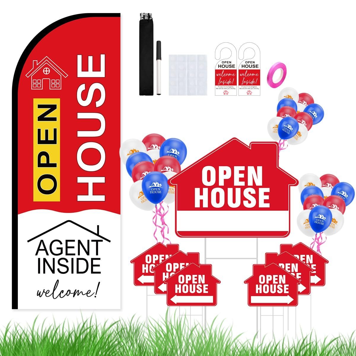 Open house marketing kit with balloons, signs, and a flag