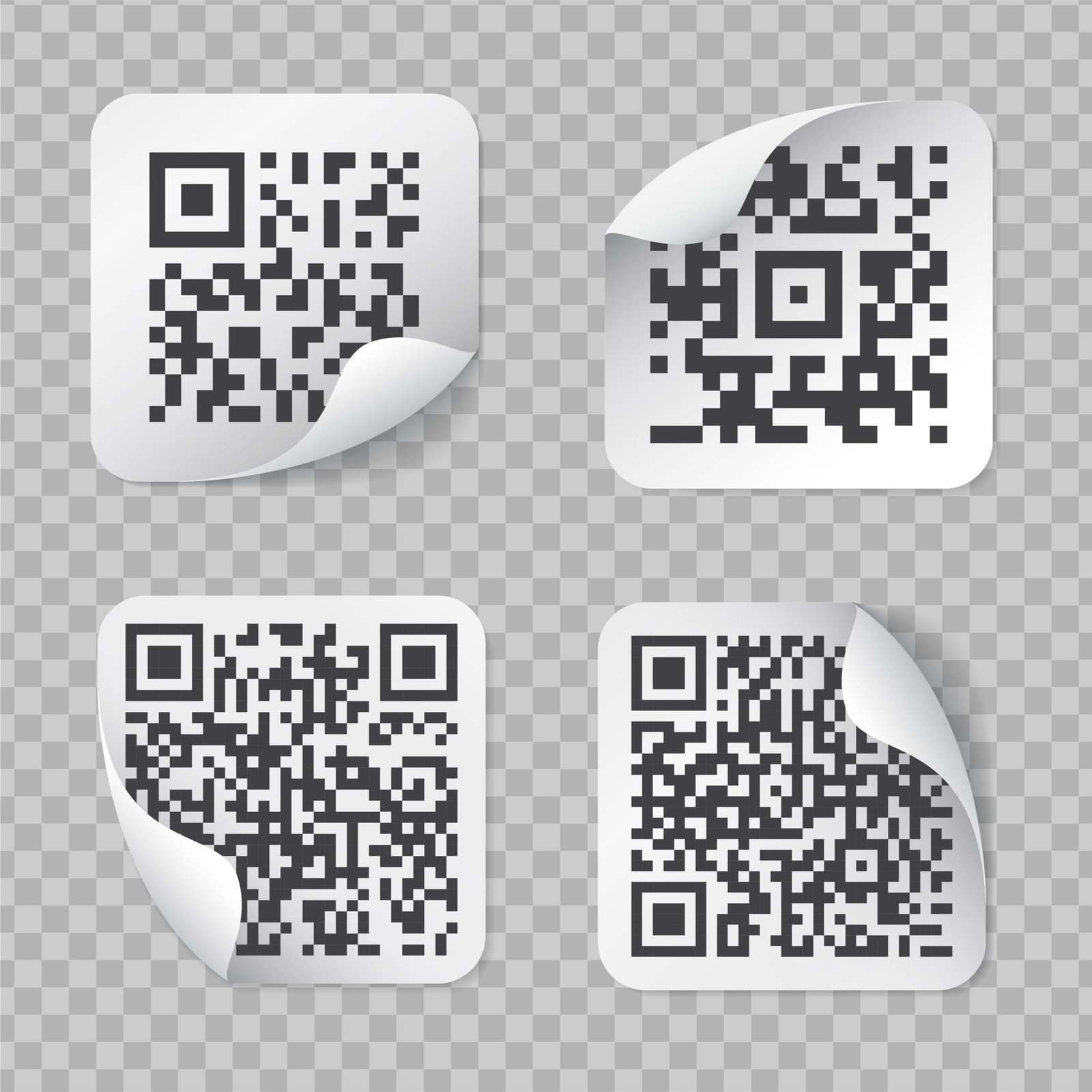 Four QR code stickers with curled corners on a transparent background