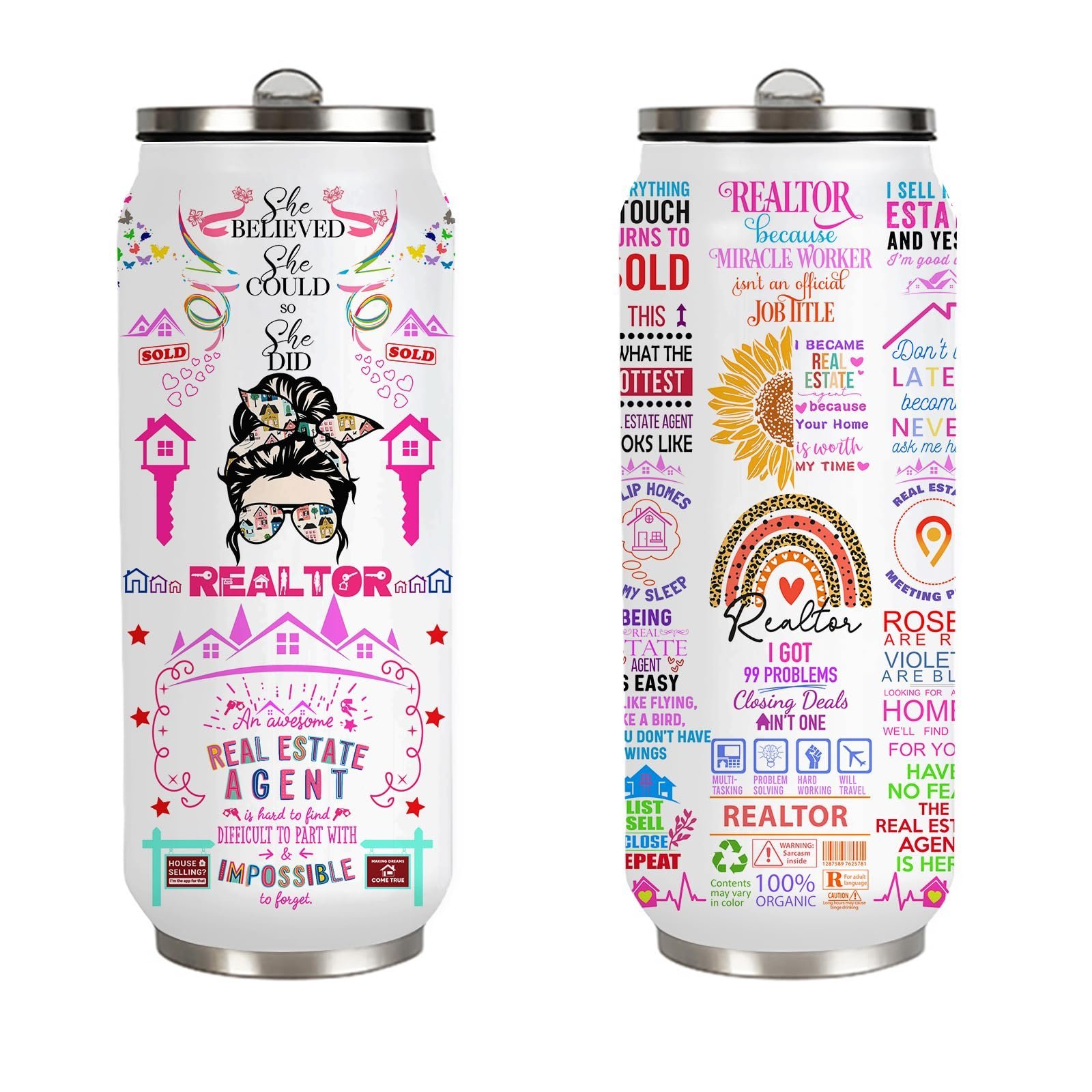 Two decorated tumblers with "Realtor" themed text and graphics