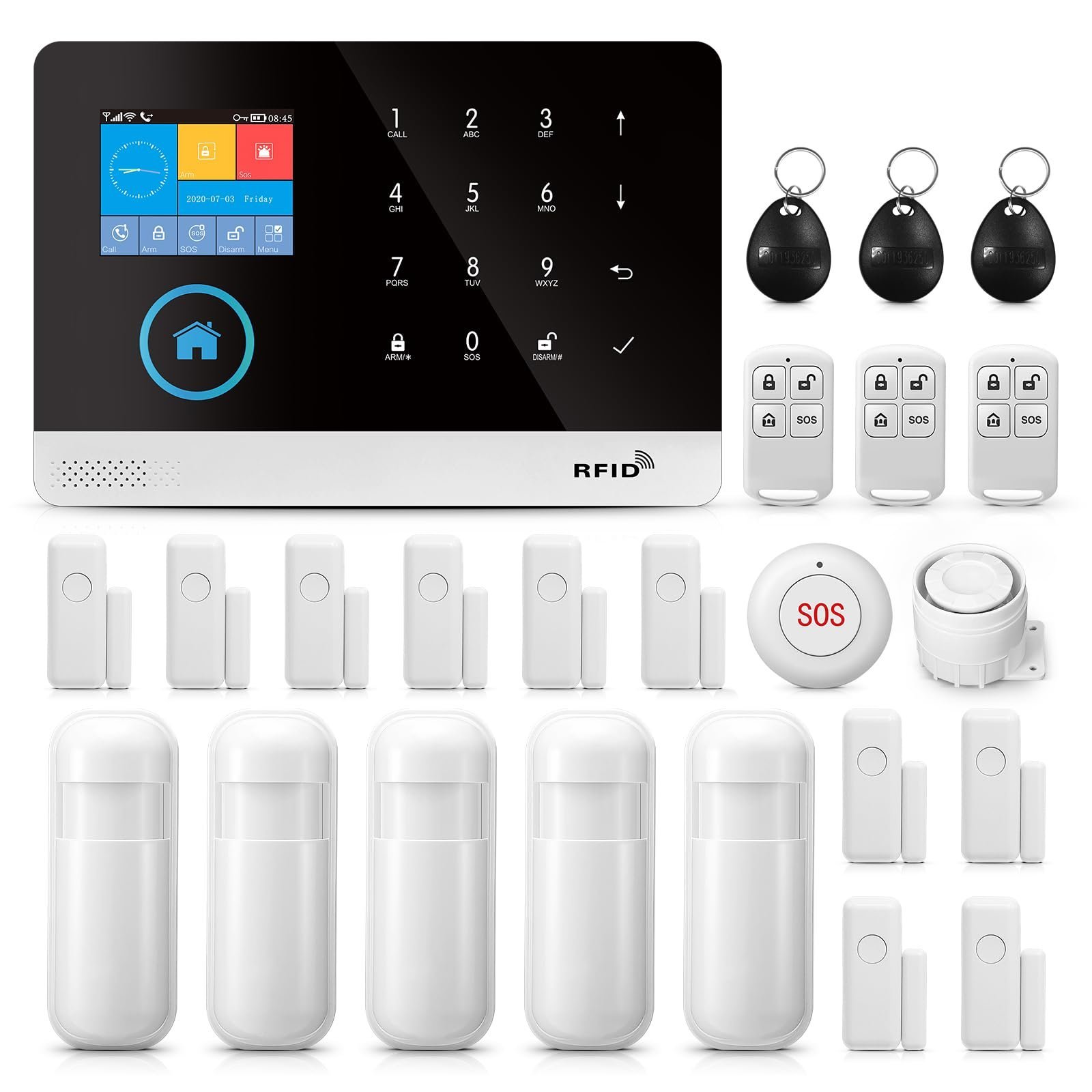 Home security system with control panel, sensors, key fobs, and remote controls