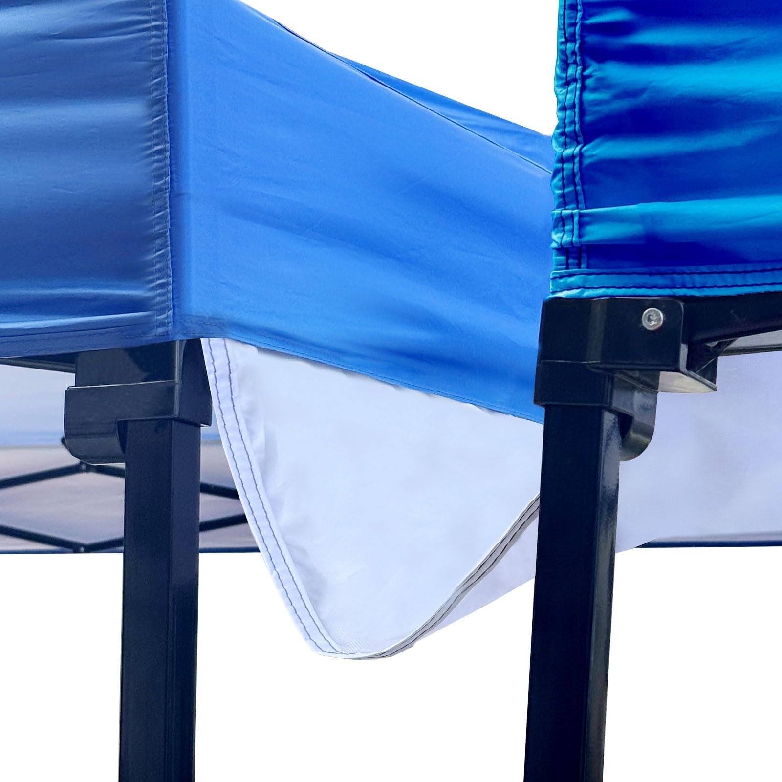 Close-up of a blue and white canopy tent with black supports