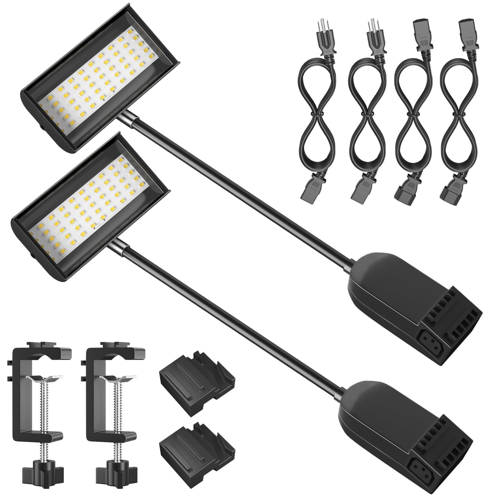 Two LED desk lamps with accessories, including power cords and clamps