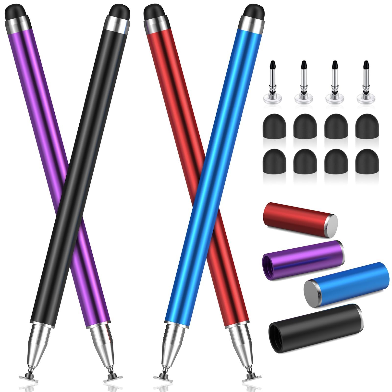 Stylus pens in purple, black, red, and blue with replacement tips and caps