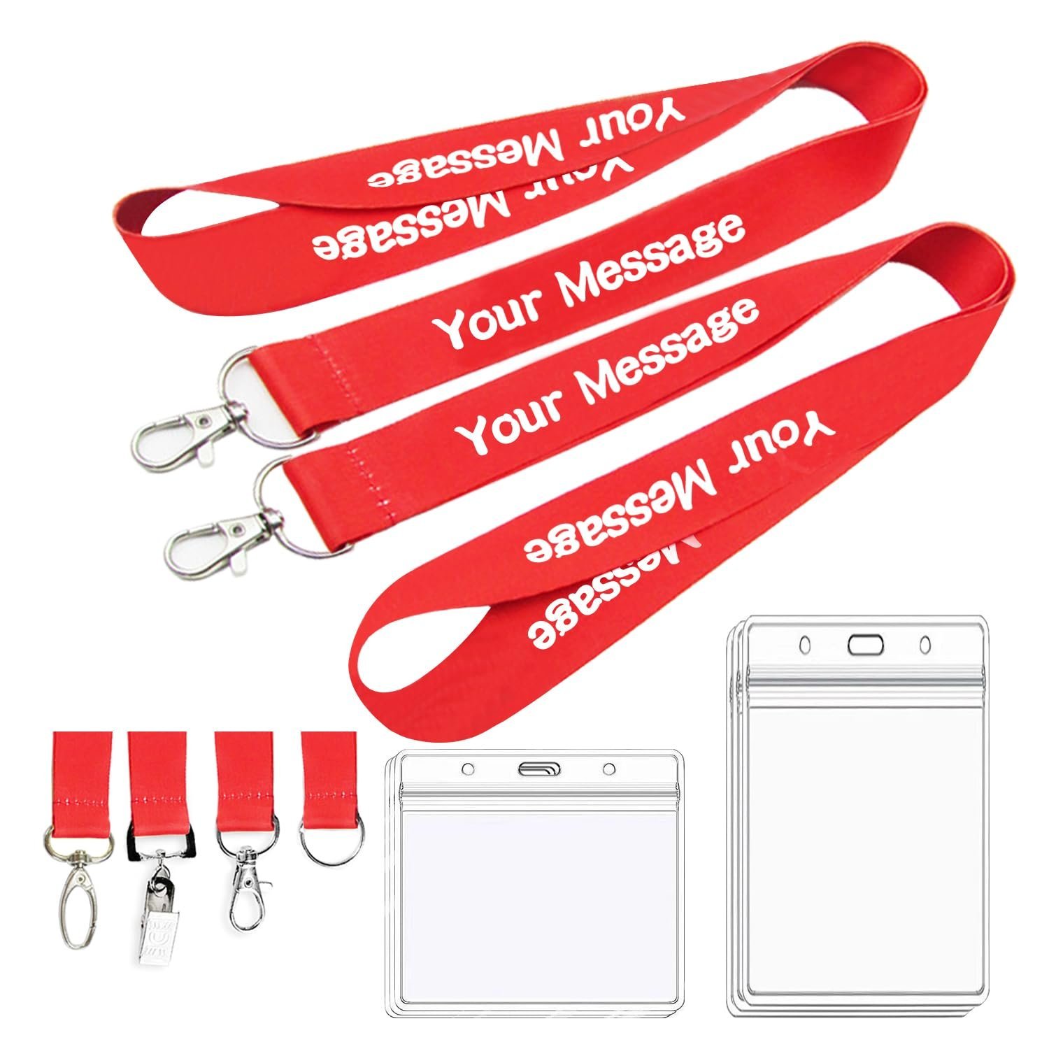 Red lanyards with "Your Message" text, clips, and clear plastic ID holders