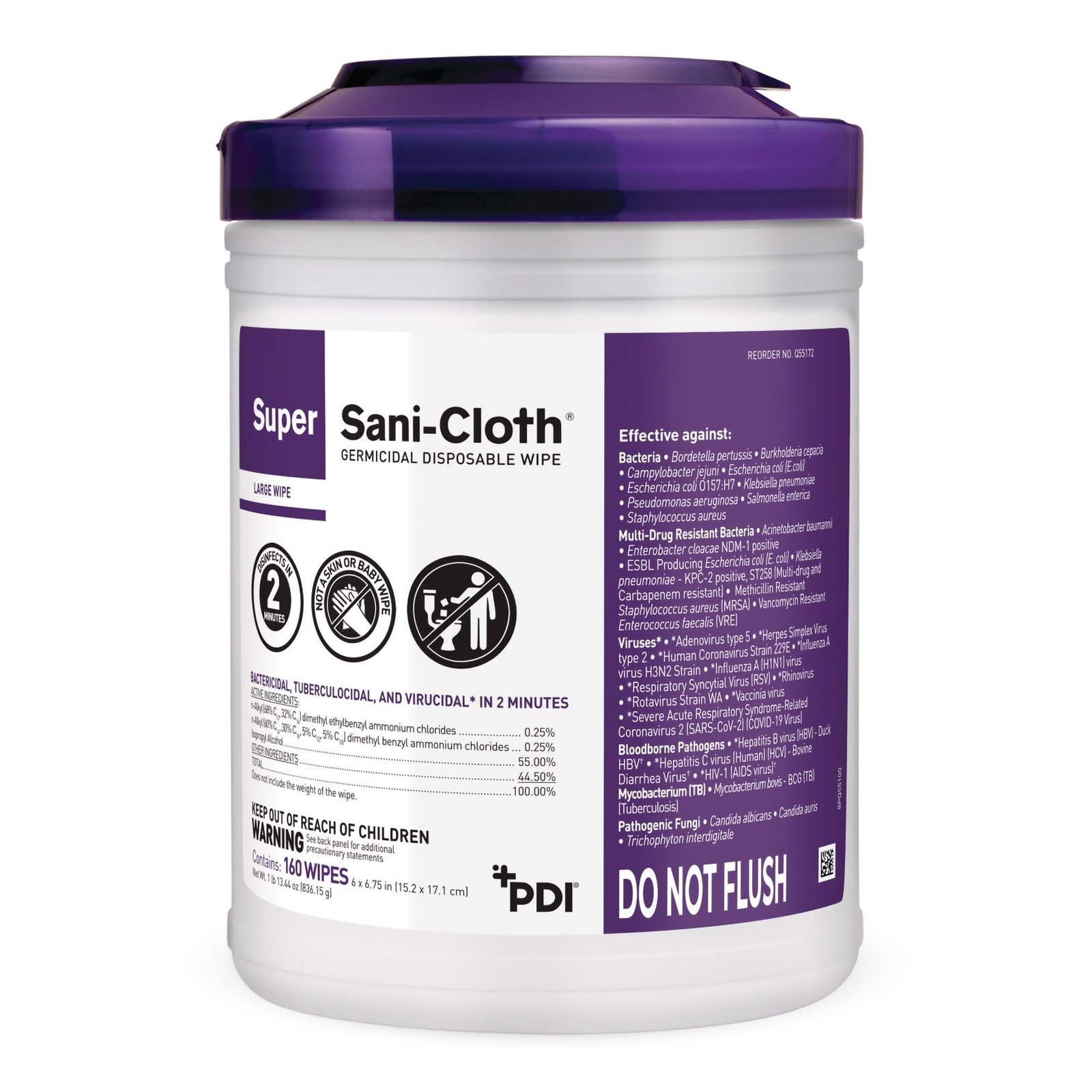 White container of Super Sani-Cloth germicidal wipes, with purple lid and text