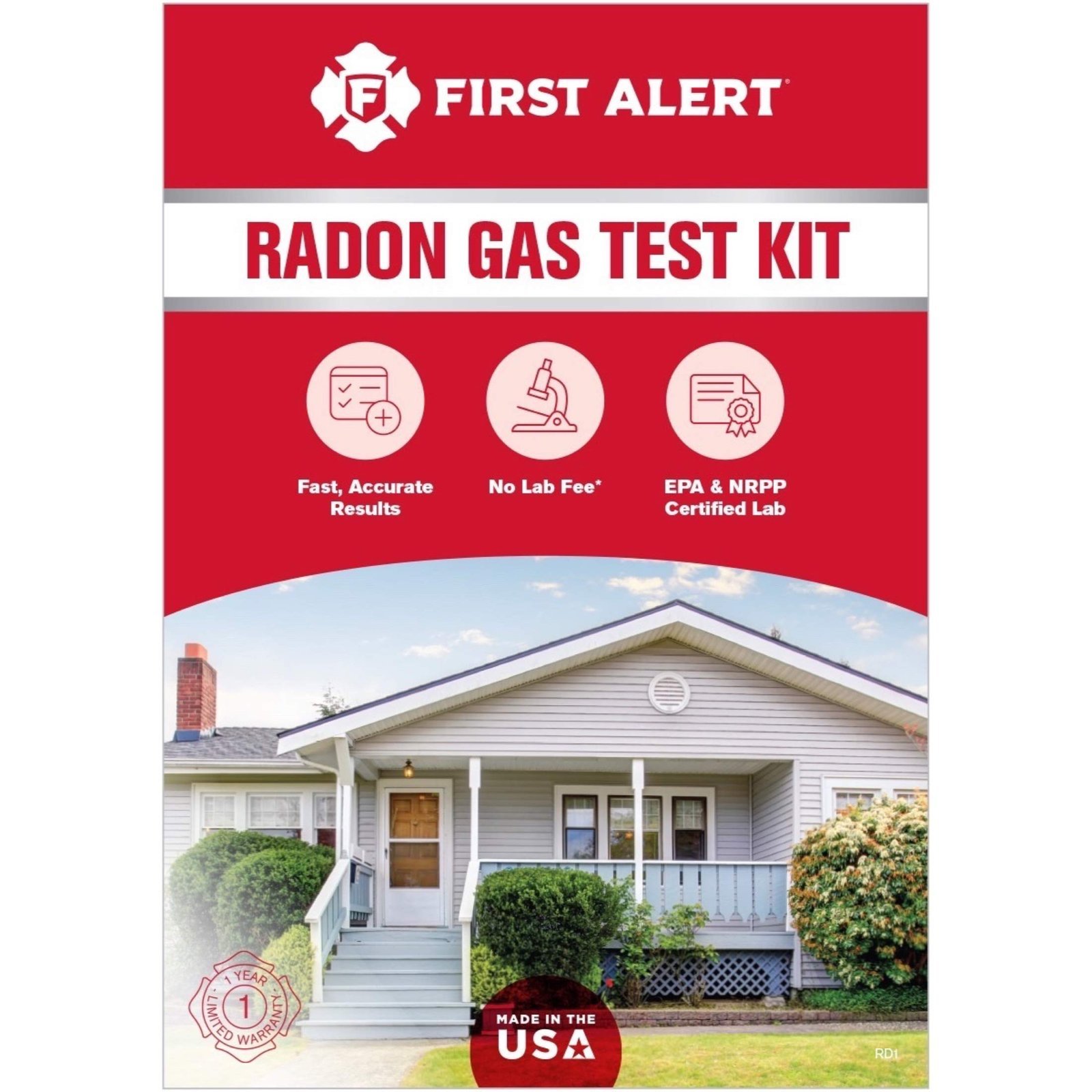 First Alert radon gas test kit with a house image and product details