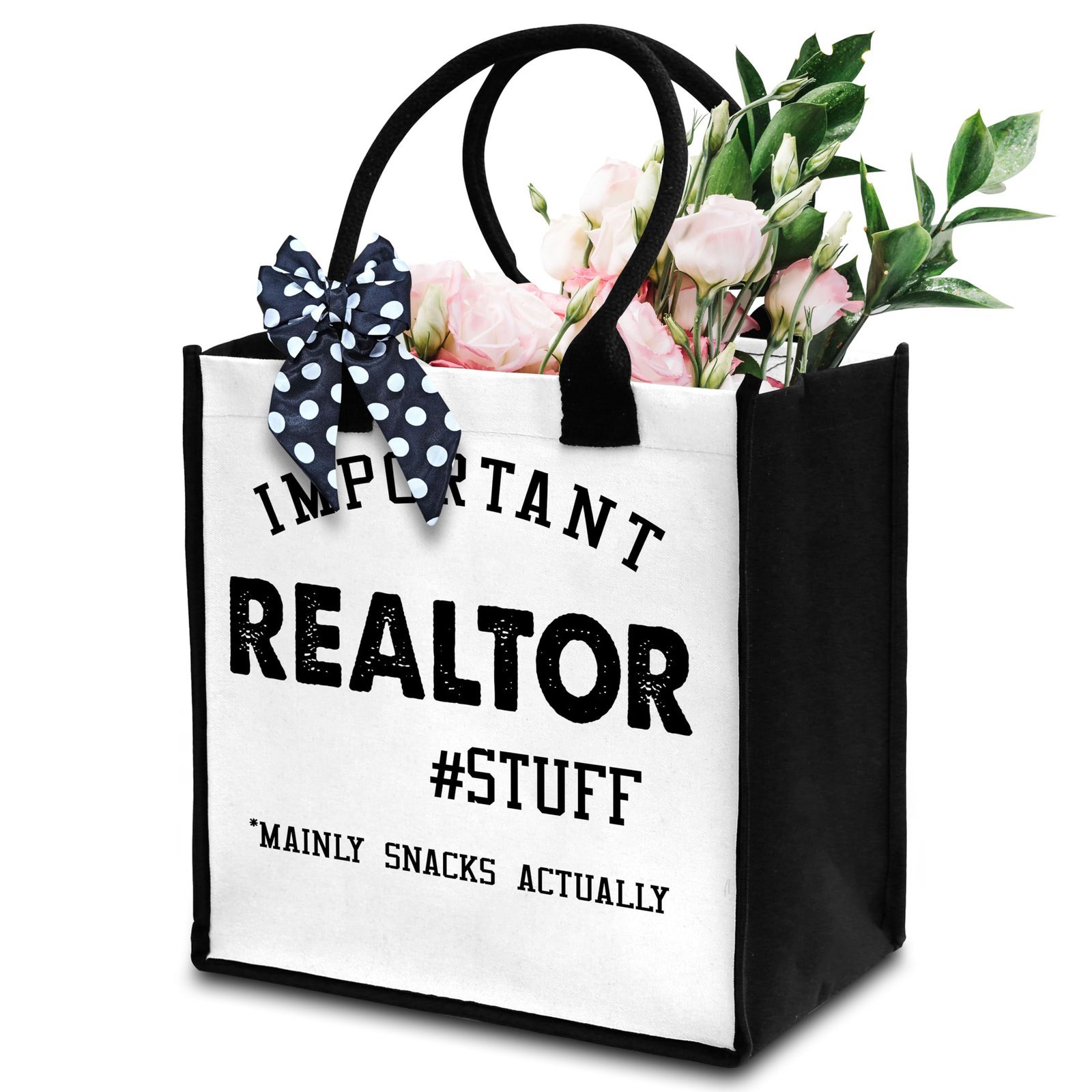 Tote bag with "Important Realtor Stuff" text, flowers, and a polka dot bow