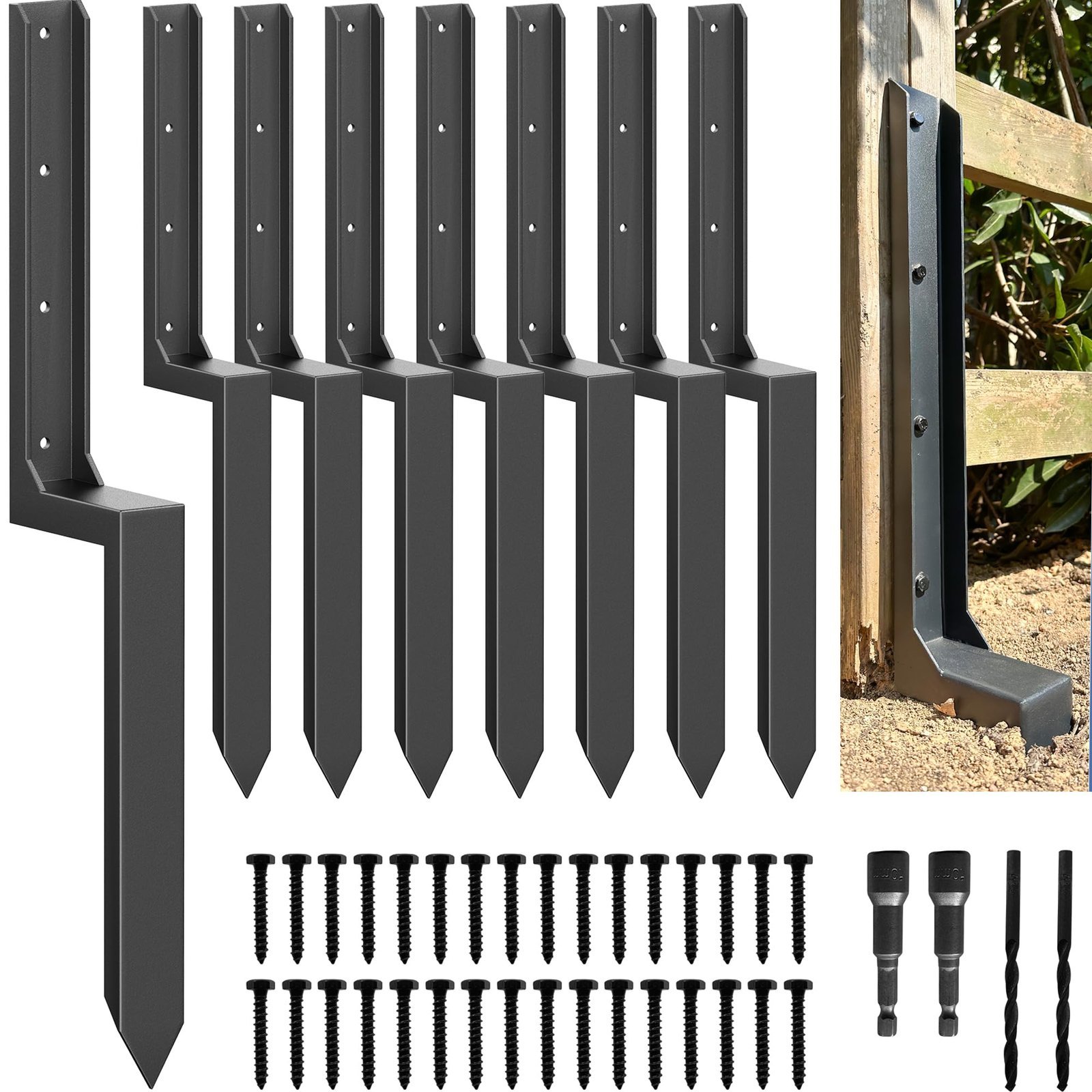 Black metal fence post brackets, screws, and drill bits