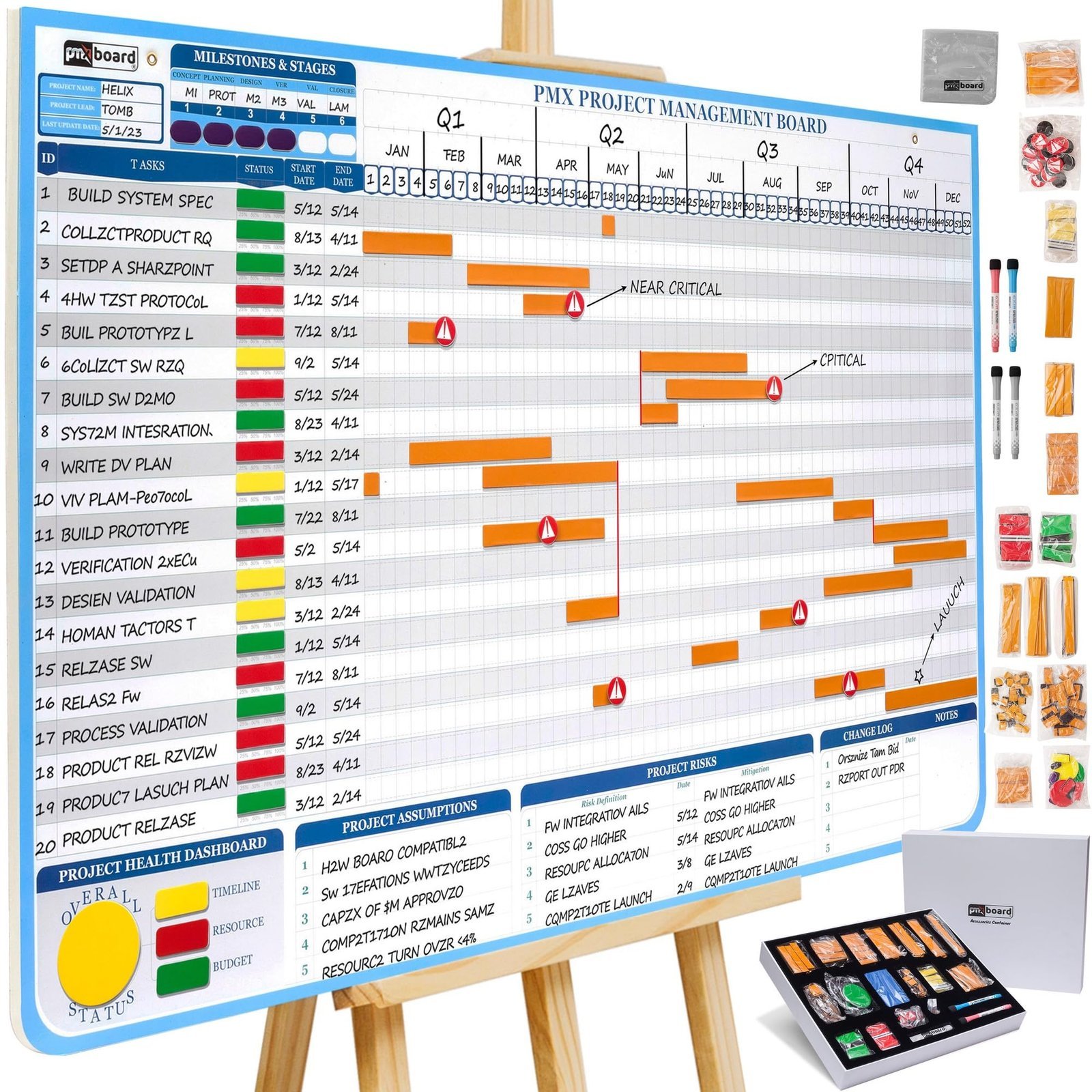 Project management board with timeline, status indicators, and accessories