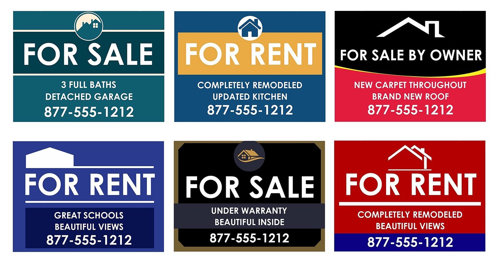 Six real estate signs, "For Sale" and "For Rent," with contact information