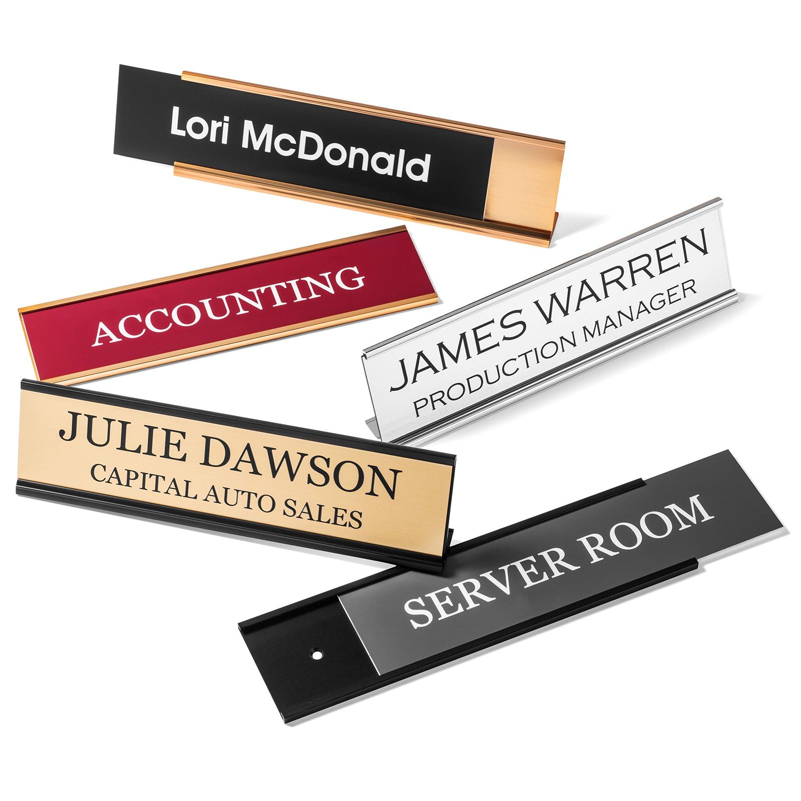 Desk nameplates with names and titles, including "Accounting" and "Server Room."