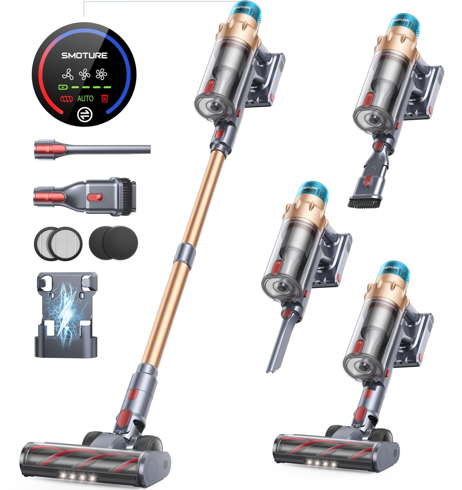 Cordless vacuum cleaner with accessories and display, various angles shown