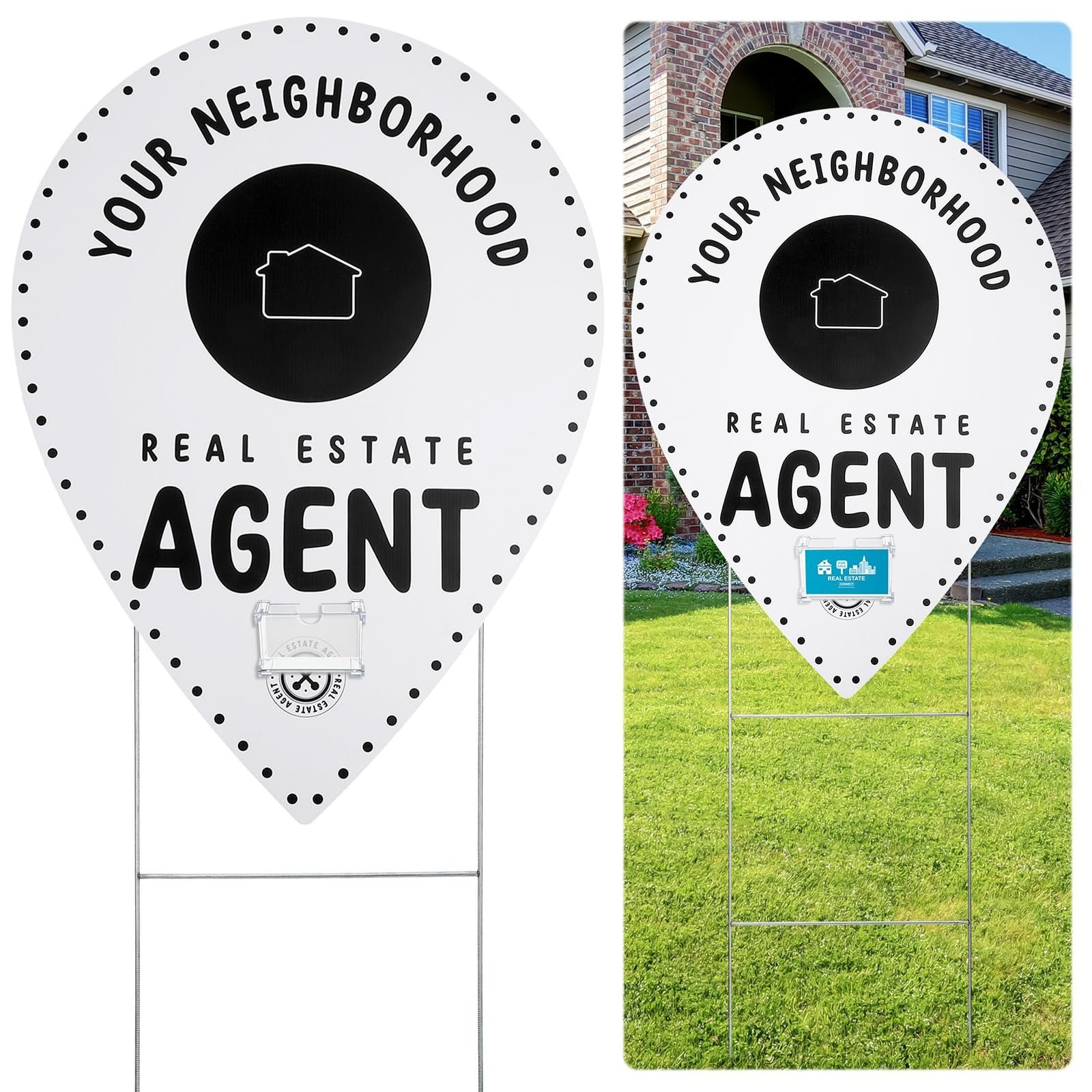 Real estate agent sign in a yard, with house and "Your Neighborhood" text