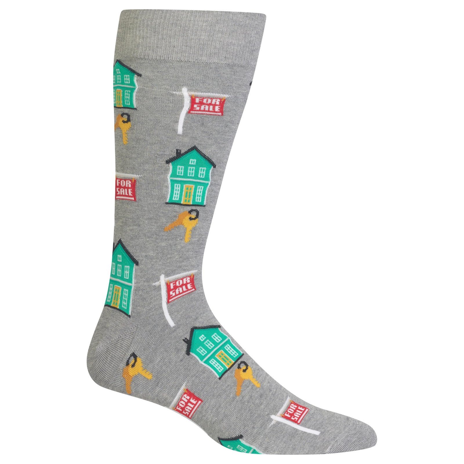 Gray sock with houses, keys, and "For Sale" signs pattern