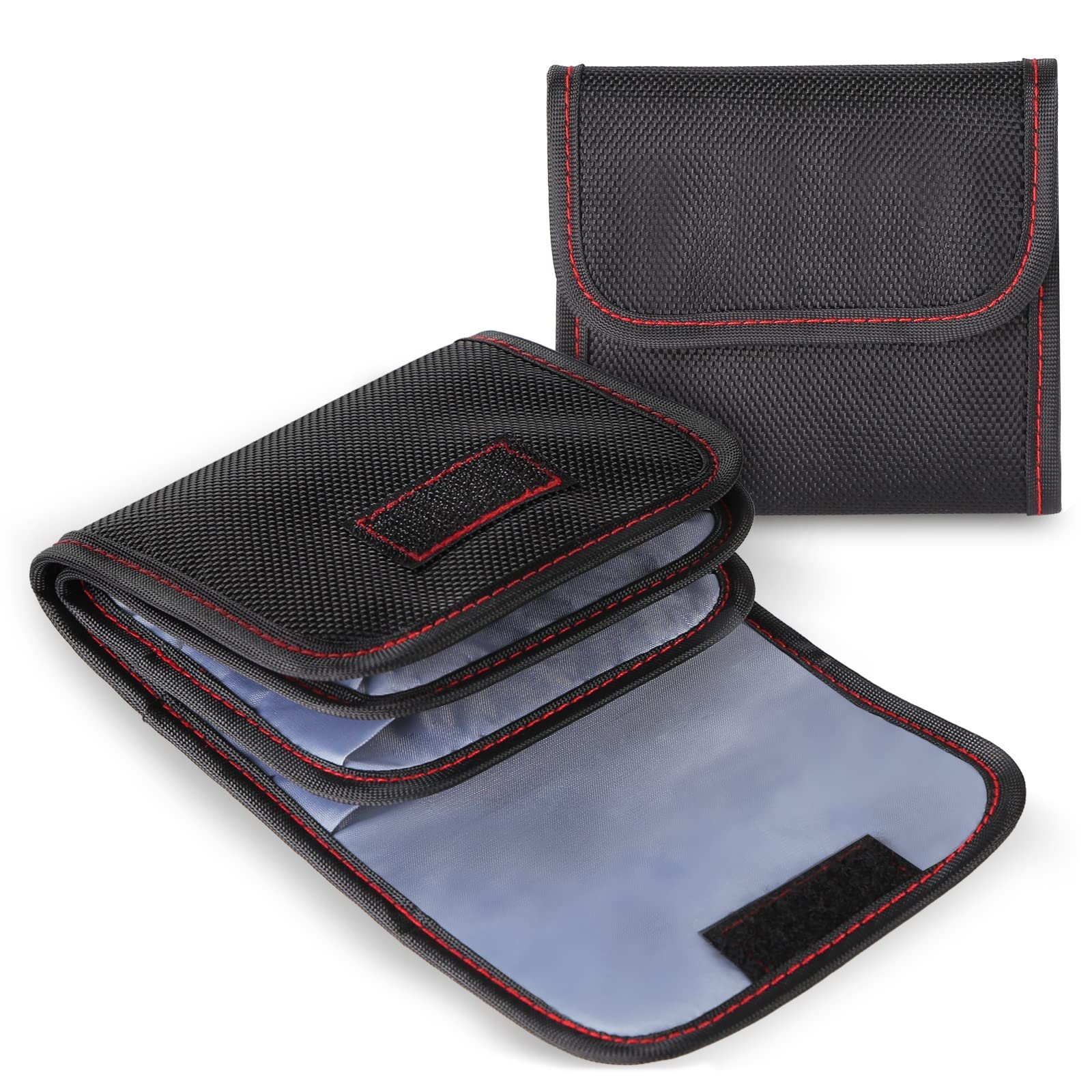 Black zippered storage case with red stitching, partially open, on white background