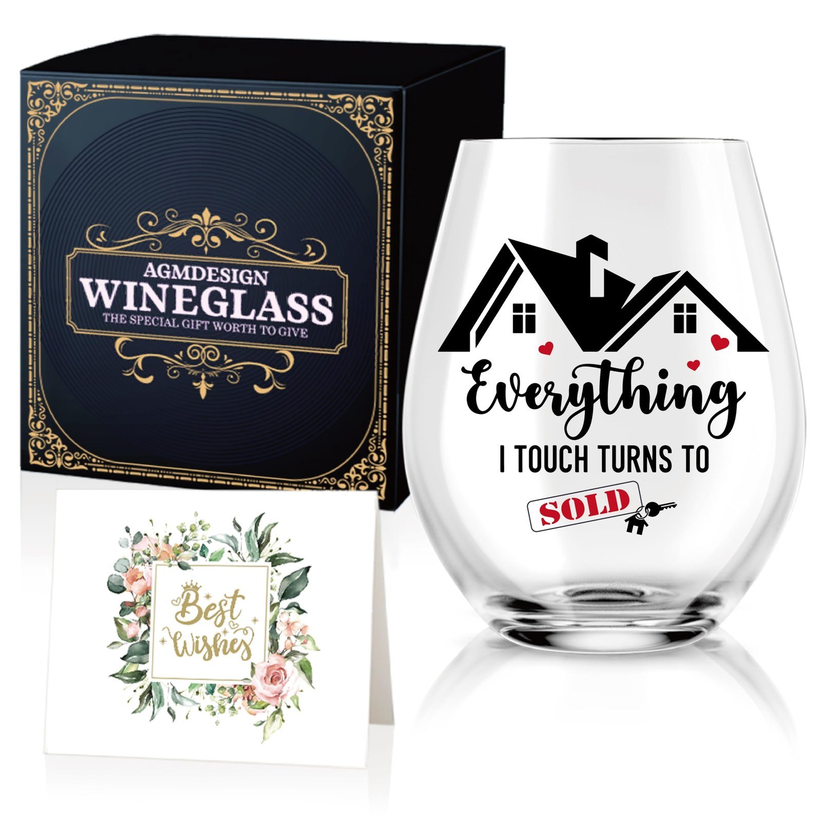 Stemless wine glass with "Everything I touch turns to sold" design