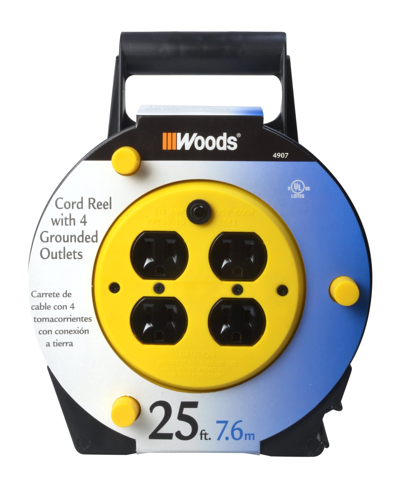 Cord reel with four grounded outlets, 25 ft. cord, and a carrying handle