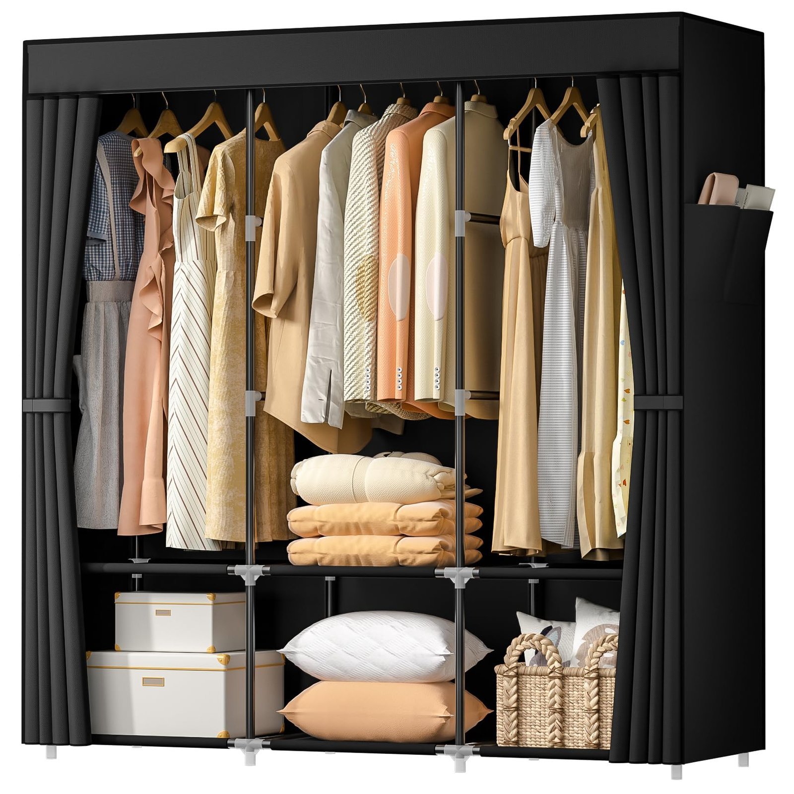 Black portable wardrobe with clothes, pillows, boxes, and a basket