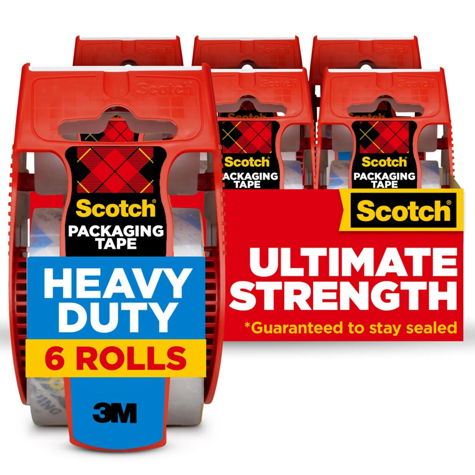 Six packs of Scotch heavy-duty packaging tape rolls