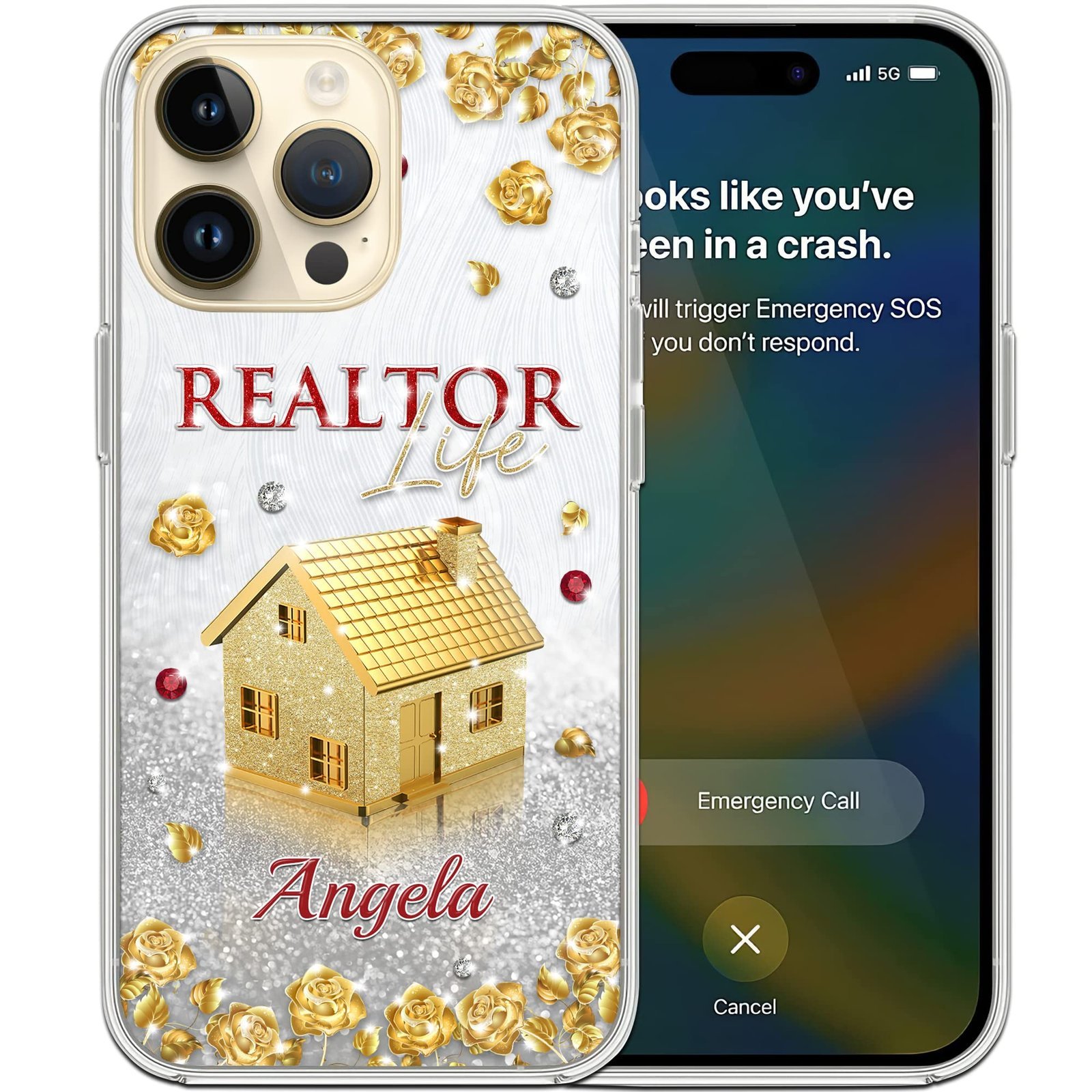 Phone case with "Realtor Life" design, gold house, and emergency call screen