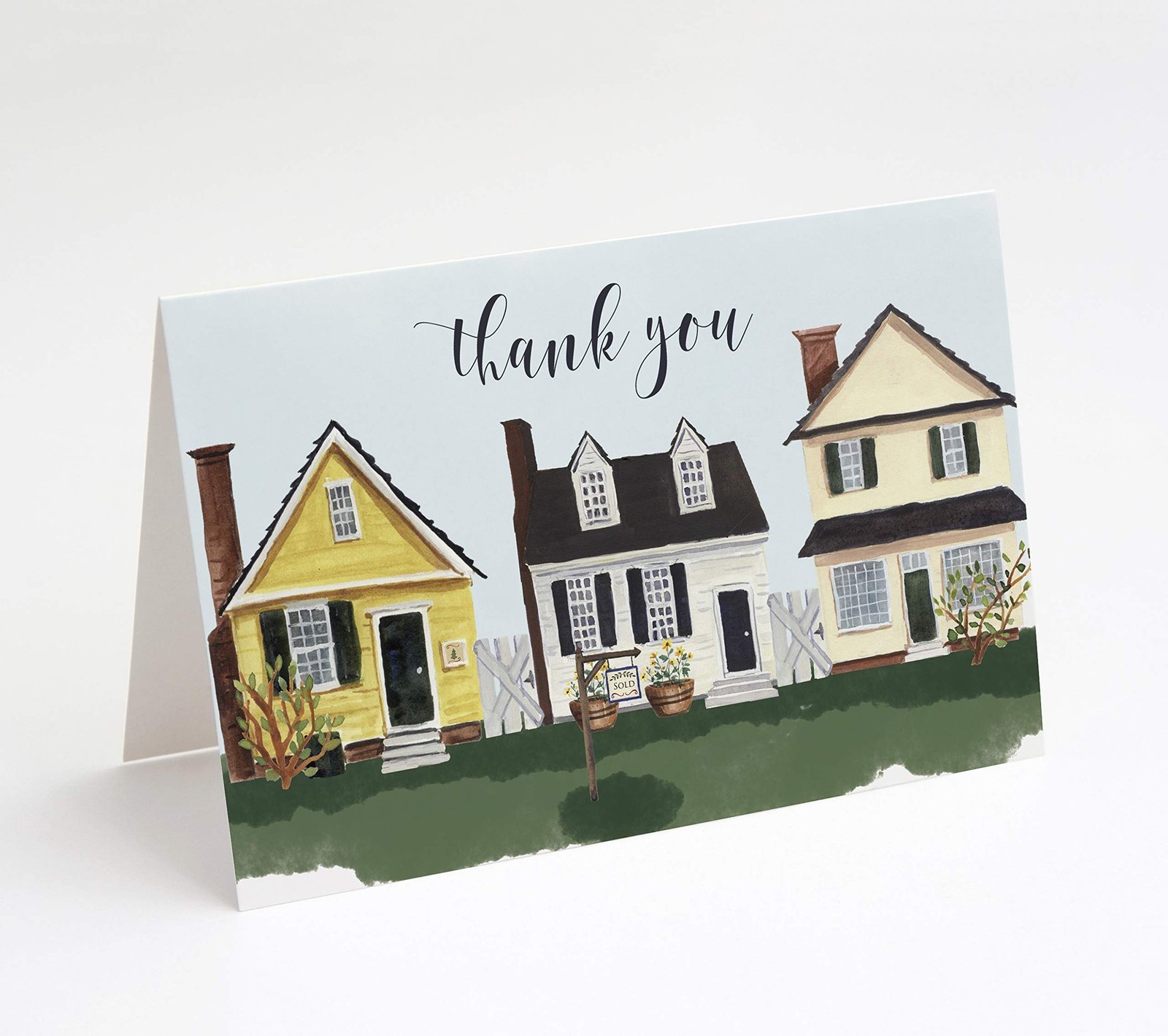 Thank you card with watercolor houses and "sold" sign