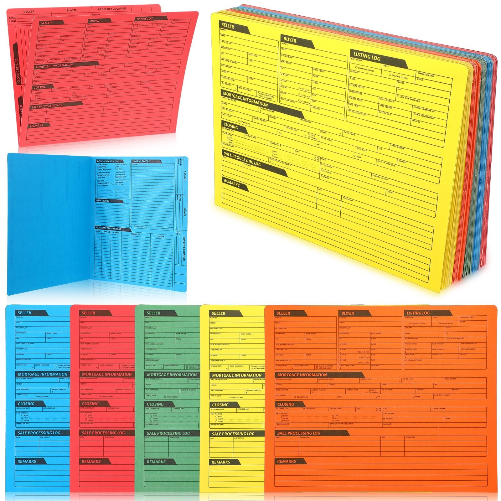 Stack of colorful real estate forms with seller, buyer, and listing log sections