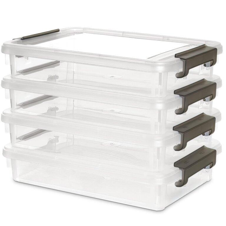 Four clear plastic storage containers stacked, with dark gray latches