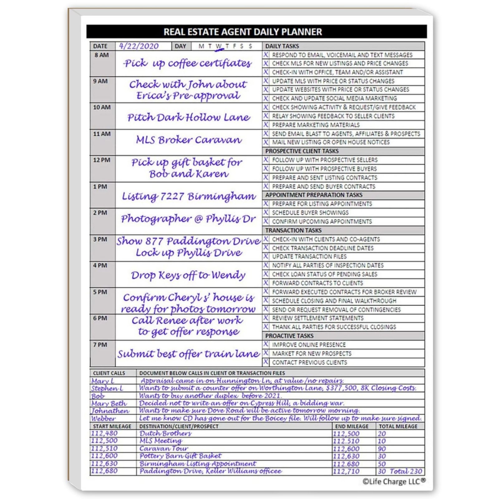 Real estate agent's daily planner with appointments, tasks, and client information