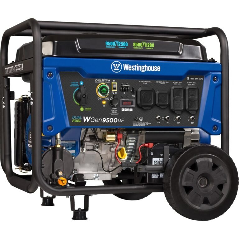Blue and black Westinghouse dual-fuel generator with wheels and control panel