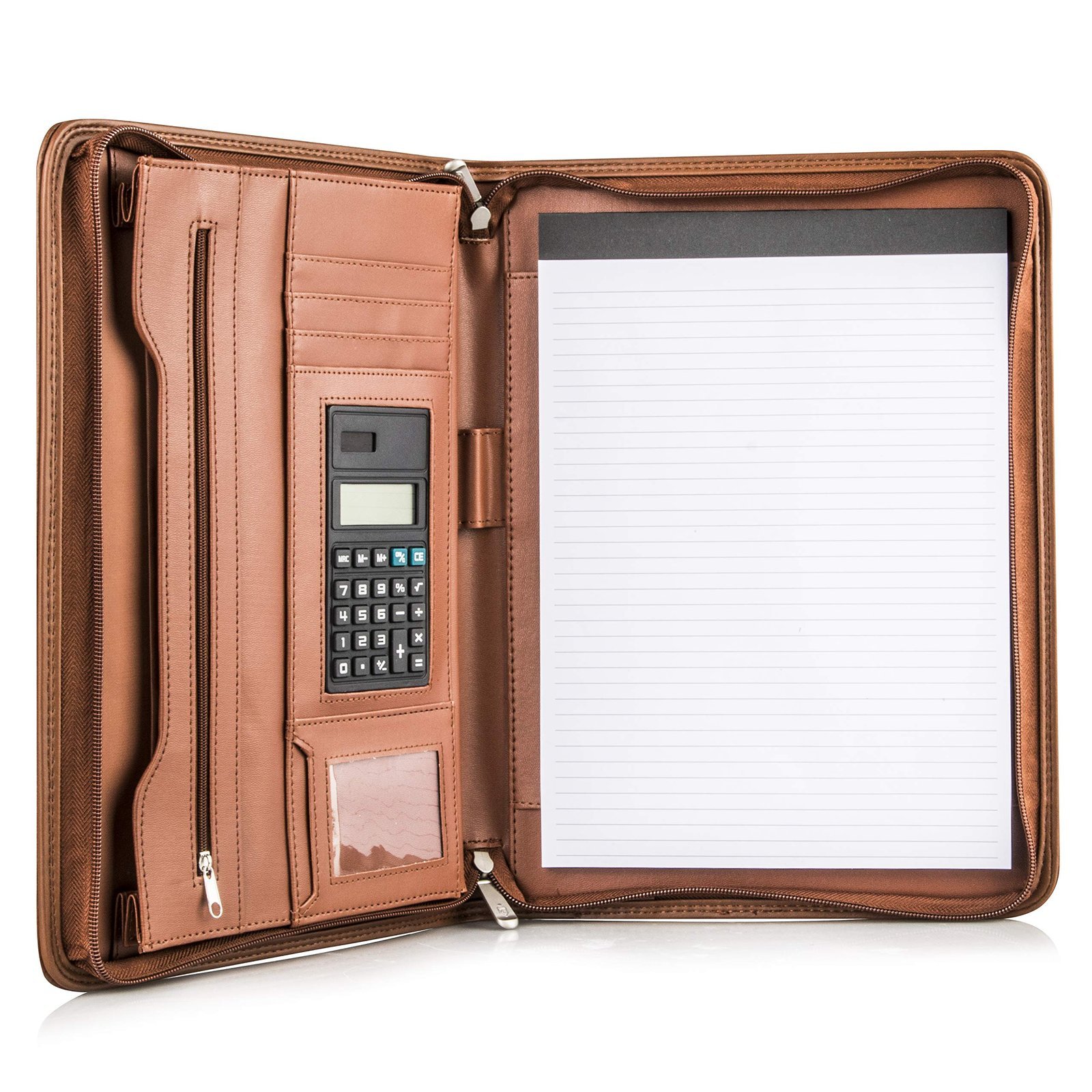 Brown leather portfolio with notepad, calculator, and pockets