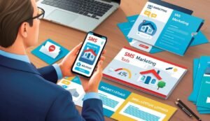 Man using phone with SMS marketing materials on a desk