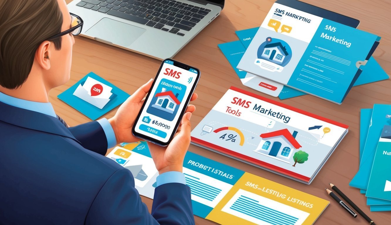 Man using phone with SMS marketing materials on a desk