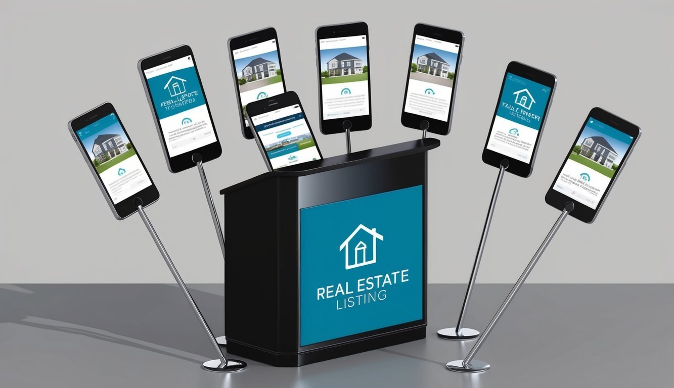 A sleek podium with 7 smartphone-shaped marketing tools for real estate listings displayed on it