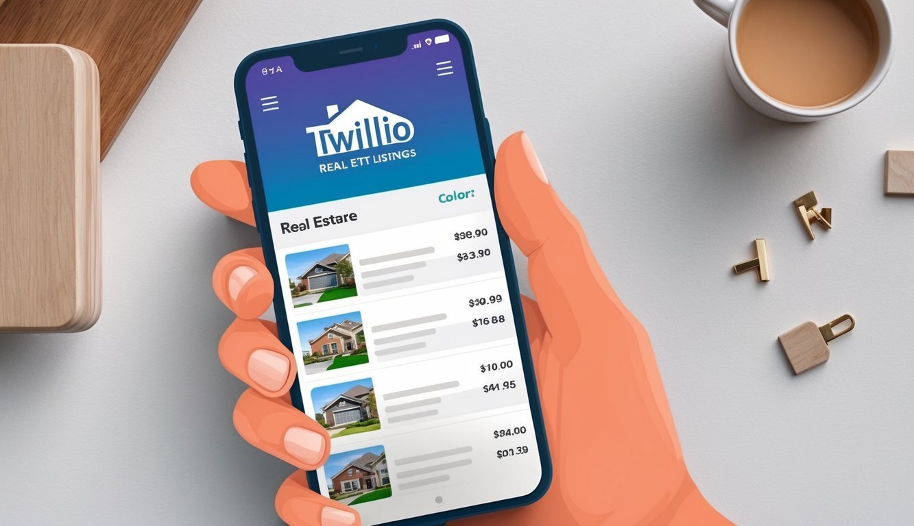 A smartphone displaying real estate listings with a Twilio logo
