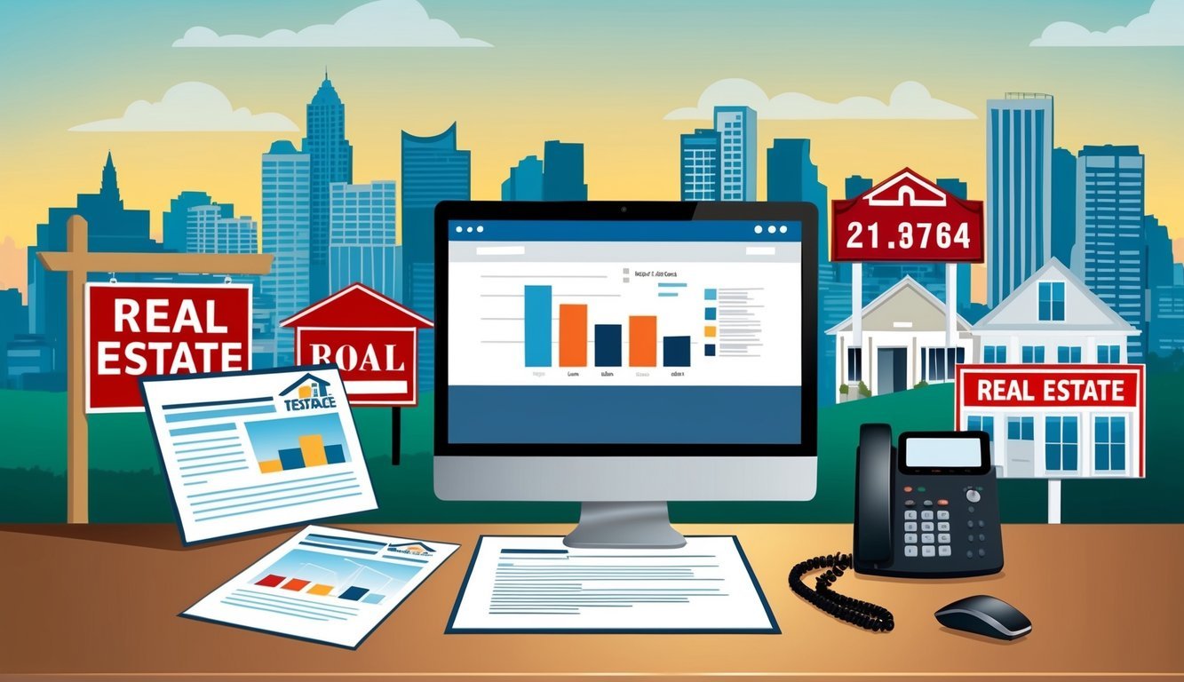 A desk with a computer, phone, and paperwork surrounded by real estate signs and a city skyline in the background