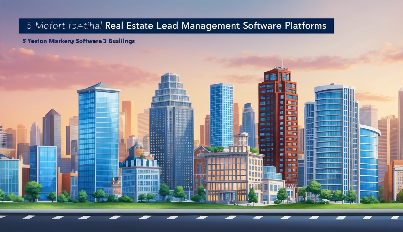 A bustling city skyline with five distinct buildings representing different real estate lead management software platforms