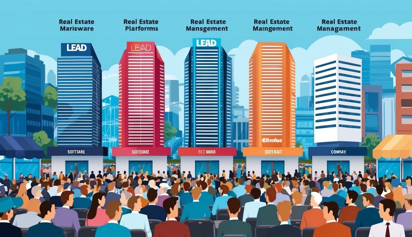 A bustling marketplace with five distinct software platforms towering above the crowd, each representing a different real estate lead management company