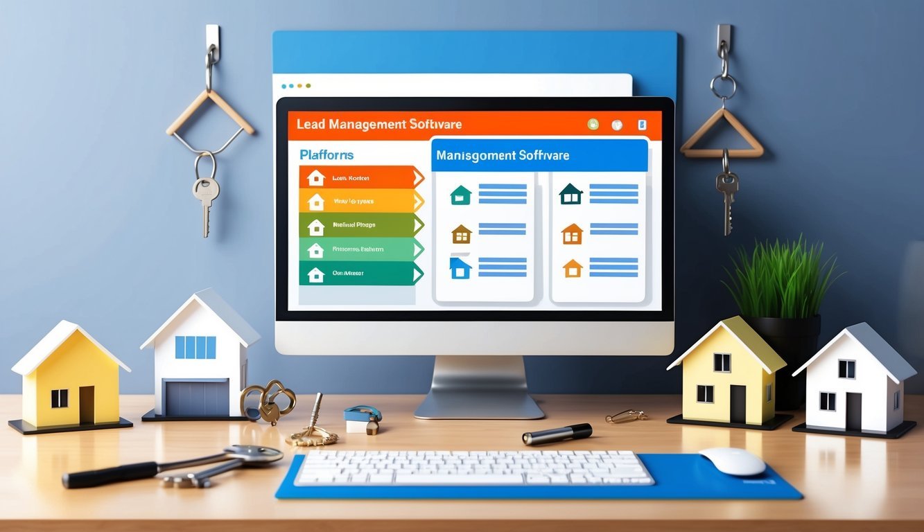 A desk with a computer showing lead management software platforms, surrounded by real estate related items such as house models and keys