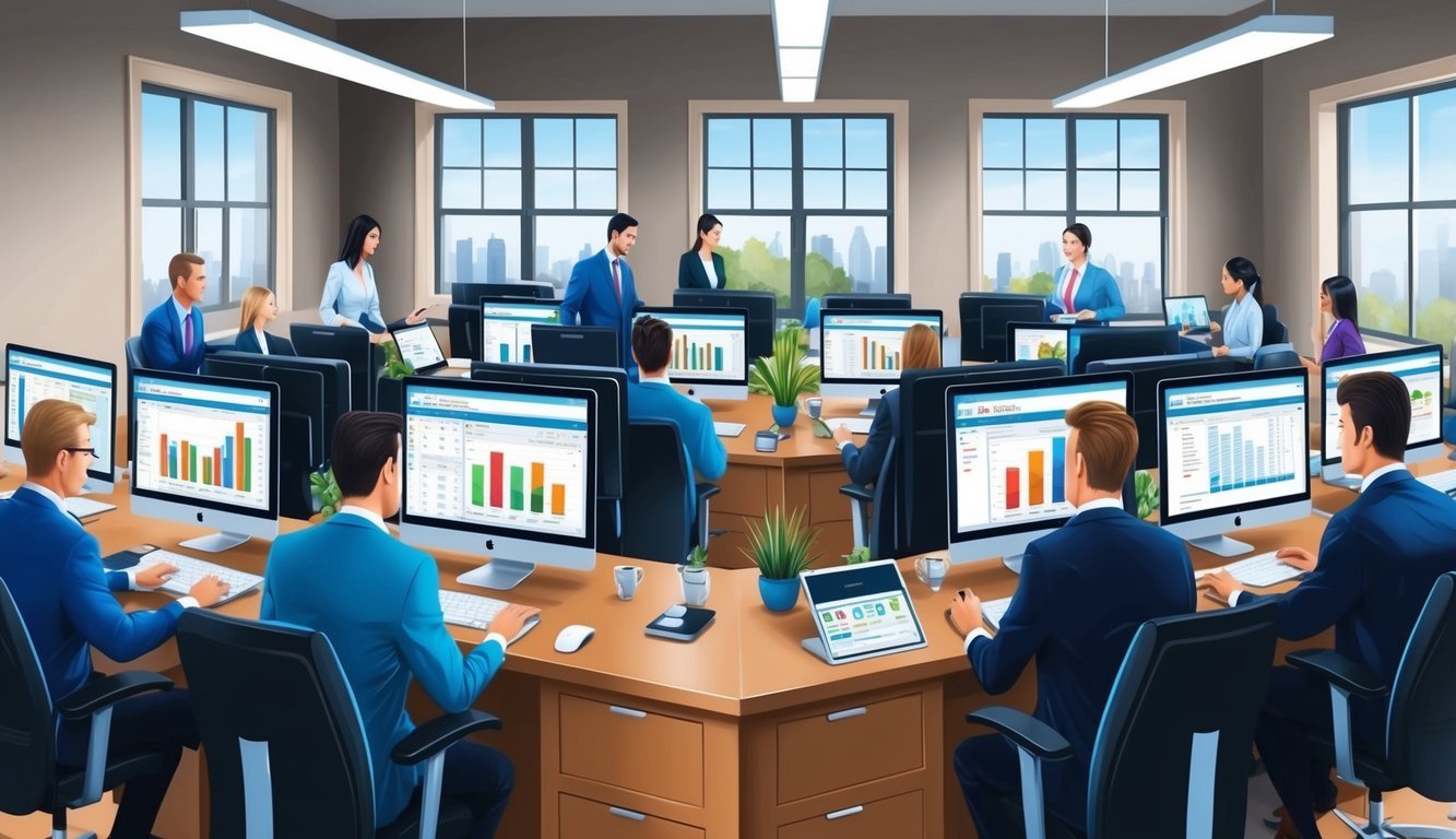 A bustling real estate office with agents using specialized software on their computers to manage leads and listings