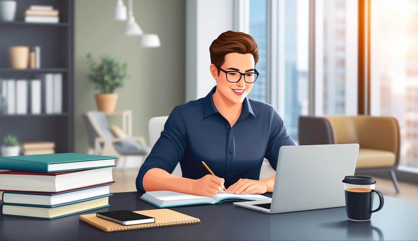 A realtor studying with textbooks, laptop, notepad, and coffee on a desk in a modern office