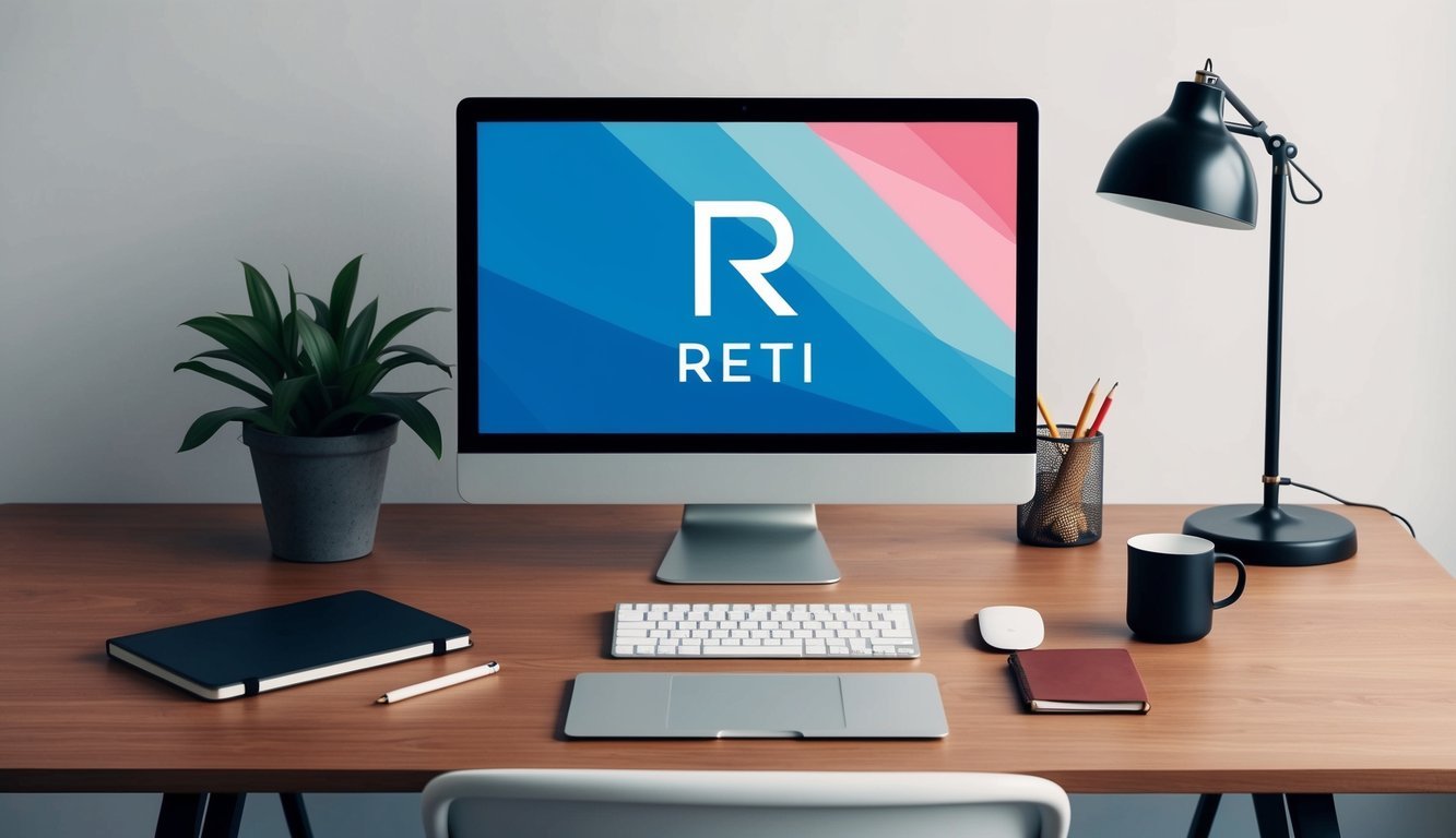 A modern office desk with a computer, notebook, and RETI logo