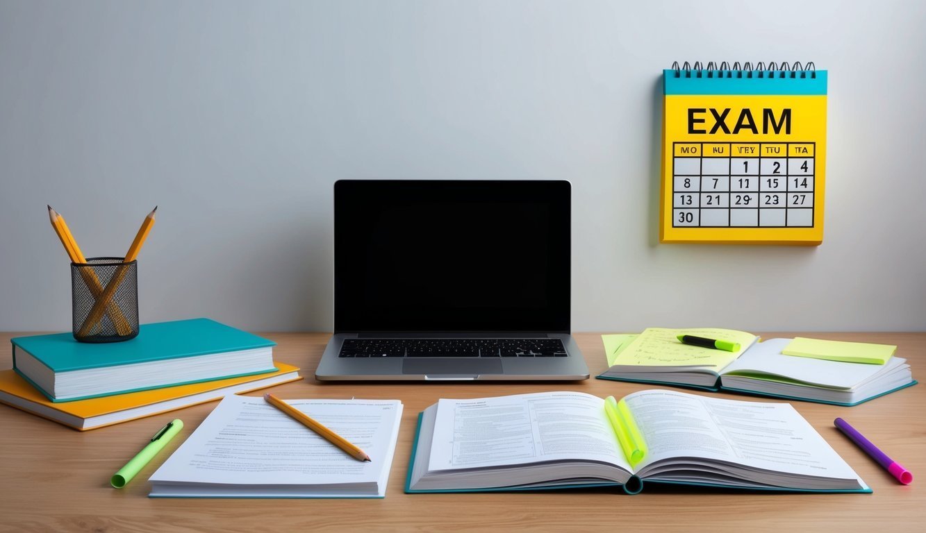 Desk with laptop, books, pencils, and exam calendar