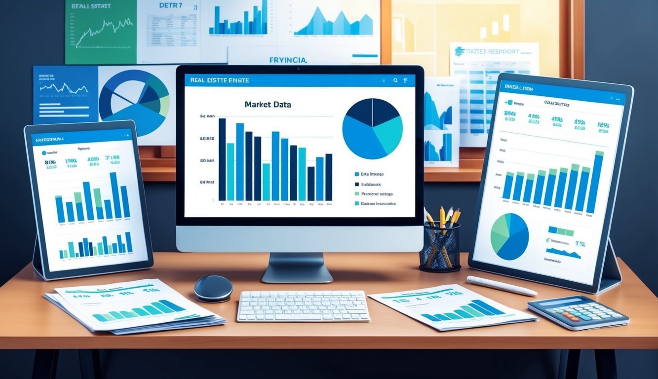 Desk with multiple screens displaying market data charts and graphs