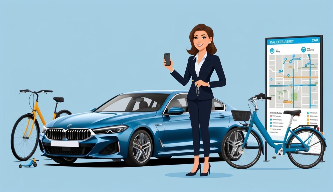 Woman with car, bikes, and map on a screen, holding a phone