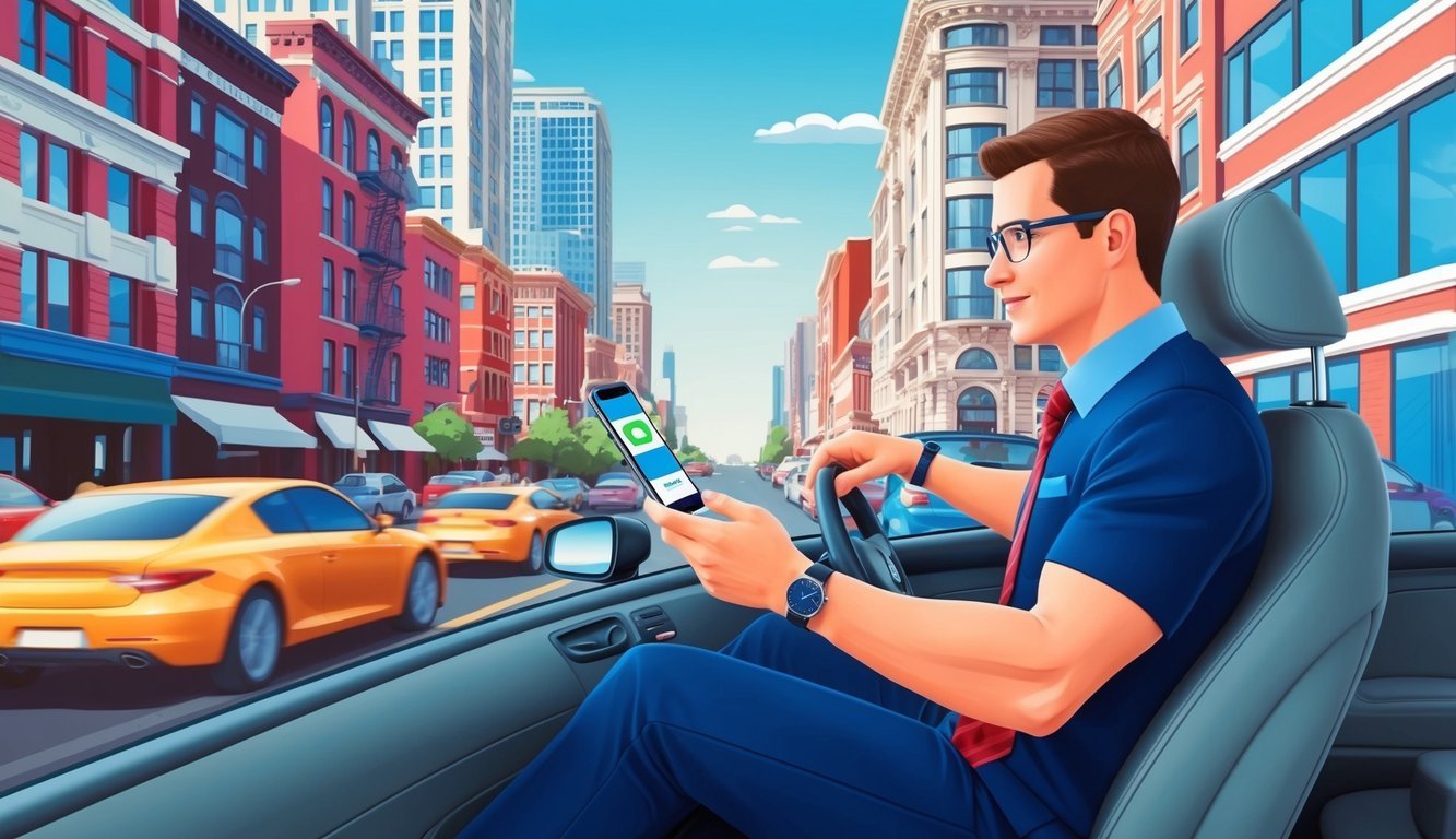 A real estate agent uses GasBuddy for Business app while sitting in a car, surrounded by city buildings and busy streets