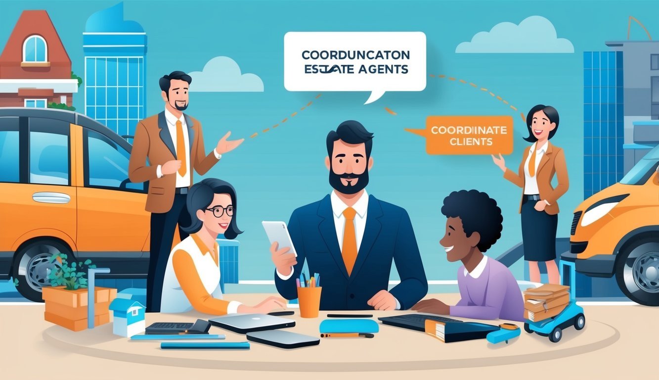 A real estate agent communicates with clients while coordinating transportation and mobility tools