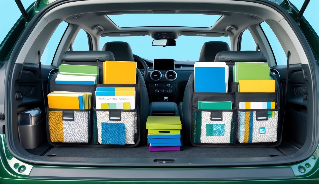 Car trunk organizer filled with files, folders, and boxes of office supplies